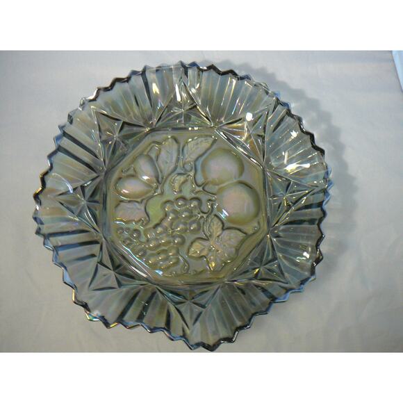 Vtg Federal Glass Smoked Iridescent Fruit Embossed Fruit Wavy Rim Serving Bowl - Picture 1 of 5